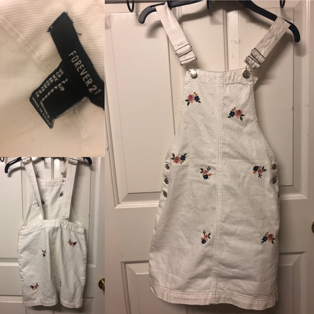 Forever 21 Floral Embroidered Denim Overall Dress